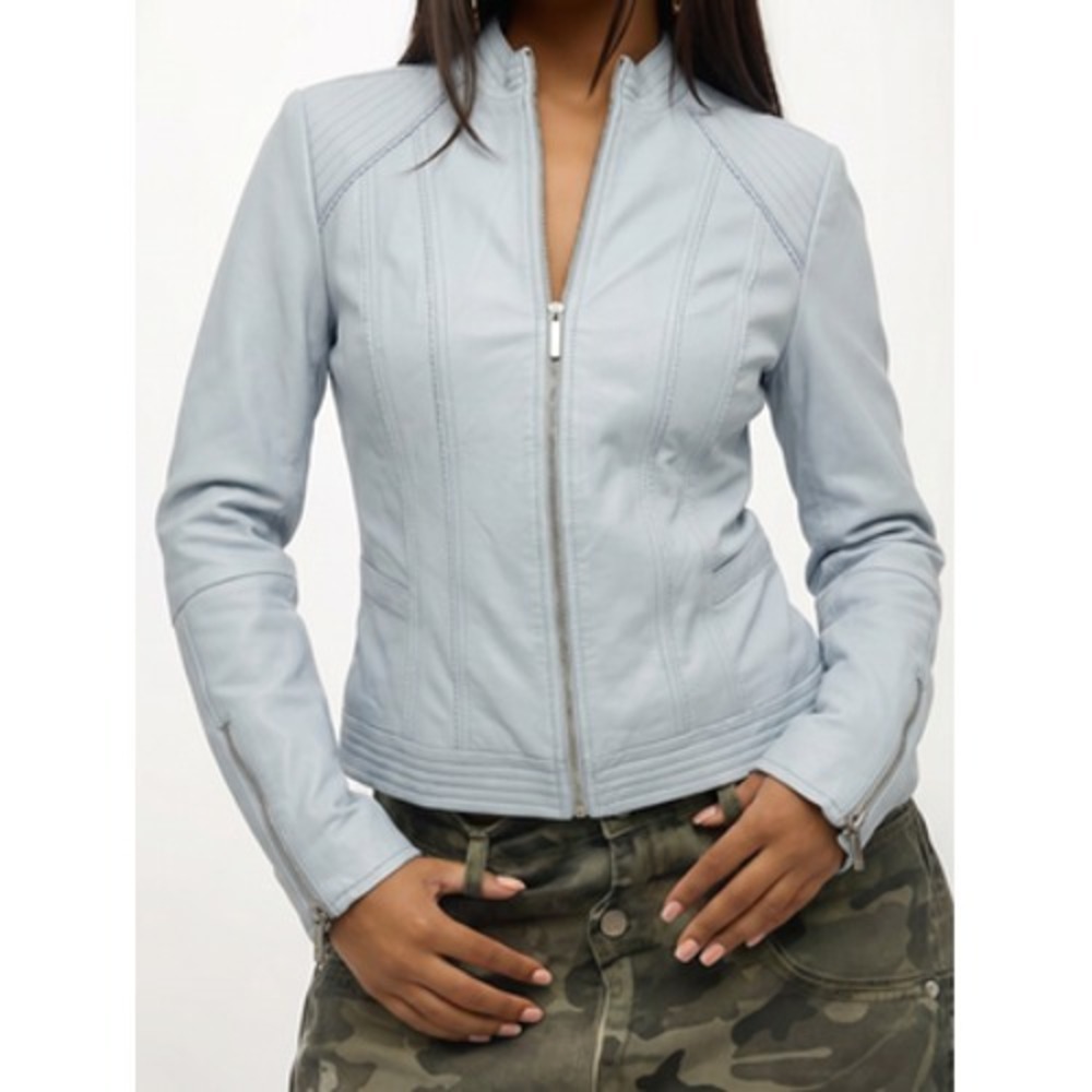 G.I.L.I. Jacket Womens 6 Blue Leather Moto Full Zip Quilted Lined Short